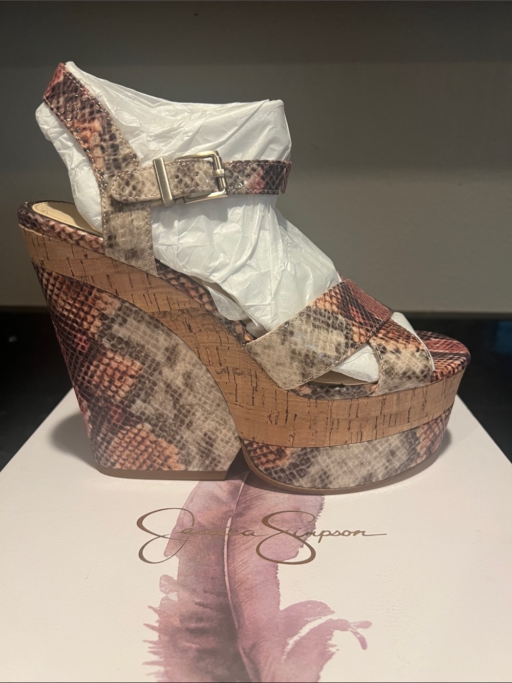 Jessica Simpson Cork Platform Wedge Sandal in Snake-Print Brown Multi size 8